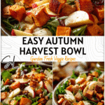 Rustic bowl of Autumn Harvest Salad featuring roasted sweet potatoes, apples, and mixed greens on a fall table.